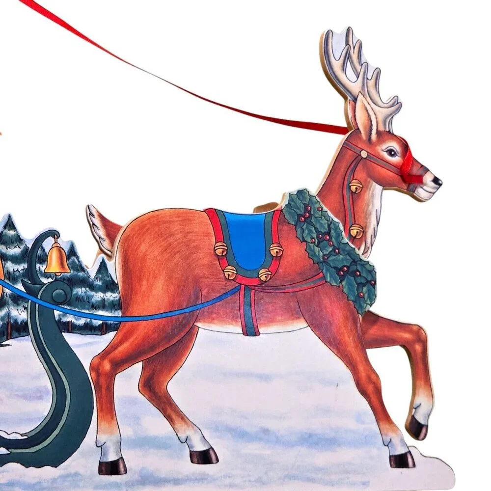 90s Christmas Animated Santa Sleigh‎ Reindeer Wooden Musical Winter Wall Decor
